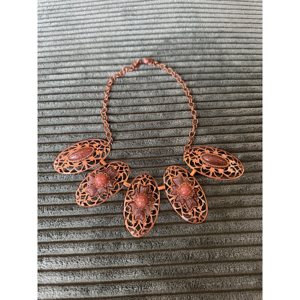 Vintage Copper Filigree Bib Necklace Speckled Glass Stones Floral 1950s Style